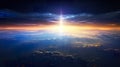 sunrise or sunset over planet Earth, clouds and atmosphere in rays of Sun, open space and stratosphere