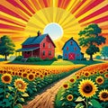 Sunrise sunset rural farm house sunflower crop field Royalty Free Stock Photo