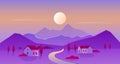 Sunrise or sunset village landscape vector illustration, cartoon flat countryside panorama scenery with sun and mountain Royalty Free Stock Photo