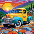 Sunrise sunset vintage car pickup colorful pebble stone road Royalty Free Stock Photo