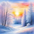 sunrise in the sunset in the watercolor pastel snowy winter greeting
