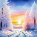 sunrise in the sunset in the watercolor pastel snowy winter greeting