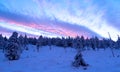 Sunrise sunset winter mountains landscape violet pink blue sky cloud snow Royalty Free Stock Photo