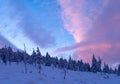 Sunrise sunset winter mountains landscape violet pink blue sky cloud snow Royalty Free Stock Photo