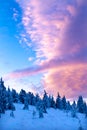 Sunrise sunset winter mountains landscape violet pink blue sky cloud snow Royalty Free Stock Photo