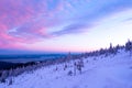 Sunrise sunset winter mountains landscape violet pink blue sky cloud snow Royalty Free Stock Photo