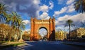 Sunrise at Triumphal Arch in Barcelona, Catalonia, Spain. Arc Royalty Free Stock Photo