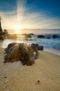 Sunrise at tropical beach against golden sky and cloud balckground Royalty Free Stock Photo