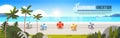 Sunrise tropical palm beach balls view summer vacation seaside sea ocean flat banner horizontal copy space Royalty Free Stock Photo