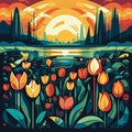 Sunrise Tulip Garden A Vibrant Graphic Design