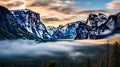 Sunrise at the tunnel View vista point around the mountains. Royalty Free Stock Photo