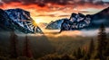 Sunrise at the tunnel View vista point at Yosemite National Park Royalty Free Stock Photo