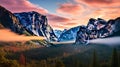 Sunrise at the tunnel View vista point at Yosemite National Park Royalty Free Stock Photo