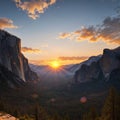 a sunrise at the tunnel view in yosemite national park. Royalty Free Stock Photo