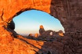 Sunrise at Turret Arch Trough North Window, Arches National Park Royalty Free Stock Photo