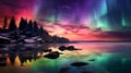 Sunrise Under The Aurora: Exotic Fantasy Landscape With Crimson And Azure Lights