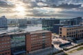 Sunrise unfolds over the Modern Urban Landscape, either in Copenhagen or Malmo. Royalty Free Stock Photo