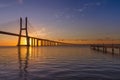 Sunrise at Vasco da Gama Bridge, the longest bridge in Europe, who spans the Tagus River, in Lisbon, Portugal Royalty Free Stock Photo