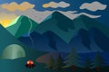 Sunrise. Vector illustration. Mountain landscape. Camping by the lake. A fire burns out next to the tent. Morning is coming. Birds