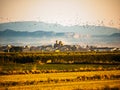 Sunrise in Golmes, with flyng birs and the mountains. Catalonia. Spain