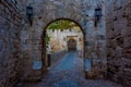 Sunrise view of the Amboise gate of Rhodes in Greece