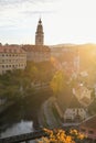 Sunrise view of Cesky Krumlov Town in autumn from the castal, Czech Republic