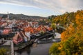 Sunrise view of Cesky Krumlov Town in autumn from the castal, Czech Republic