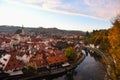 Sunrise view of Cesky Krumlov Town in autumn from the castal, Czech Republic