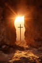 Sunrise View of Christian Cross Inside Cave Tomb AI Generated