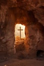 Sunrise View of Christian Cross Inside Cave Tomb AI Generated
