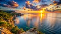 A sunrise view from a cliff overlooking a calm bay Royalty Free Stock Photo