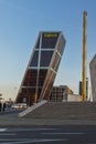 Sunrise view of Gate of Europe in City of Madrid, Spain