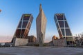 Sunrise view of Gate of Europe KIO Towers at Paseo de la Castellana street in City of Madrid, Royalty Free Stock Photo