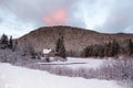 Sunrise view of the Jacques-Cartier National Park with its river and a small abandoned cabin Royalty Free Stock Photo