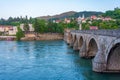 Sunrise view of Mehmed Pasa Sokolovic Bridge in Visegrad, Bosnia