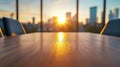 Sunrise view from a modern office with a wooden table in focus, AI Royalty Free Stock Photo