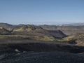 Sunrise view on Myrdalsjokull glacier. from Botnar campsite at Iceland on Laugavegur hiking trail, green valley in