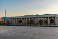 Sunrise view of the palace of culture on Skanderbeg square in Tirana, Albania
