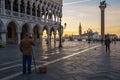 Sunrise view of piazza San Marco, Doge`s Palace Palazzo Ducale in Venice, Italy. Sunrise cityscape of Venice Royalty Free Stock Photo