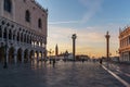 Sunrise view of piazza San Marco, Doge`s Palace Palazzo Ducale in Venice, Italy. Sunrise cityscape of Venice Royalty Free Stock Photo