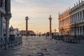 Sunrise view of piazza San Marco, Doge`s Palace Palazzo Ducale in Venice, Italy. Sunrise cityscape of Venice