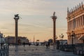 Sunrise view of piazza San Marco, Doge`s Palace Palazzo Ducale in Venice, Italy. Sunrise cityscape of Venice Royalty Free Stock Photo