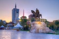 Sunrise view of Skanderbeg memorial and Ethem Bey mosque in Tirana, Albania