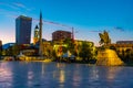 Sunrise view of Skanderbeg memorial and Ethem Bey mosque in Tirana, Albania