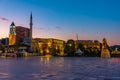 Sunrise view of Skanderbeg memorial and Ethem Bey mosque in Tirana, Albania