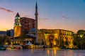 Sunrise view of Skanderbeg memorial and Ethem Bey mosque in Tirana, Albania Royalty Free Stock Photo