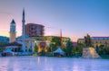 Sunrise view of Skanderbeg memorial and Ethem Bey mosque in Tirana, Albania Royalty Free Stock Photo