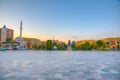 Sunrise view of Skanderbeg memorial and Ethem Bey mosque in Tirana, Albania Royalty Free Stock Photo