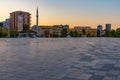 Sunrise view of Skanderbeg memorial and Ethem Bey mosque in Tirana, Albania Royalty Free Stock Photo