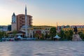 Sunrise view of Skanderbeg memorial and Ethem Bey mosque in Tirana, Albania Royalty Free Stock Photo